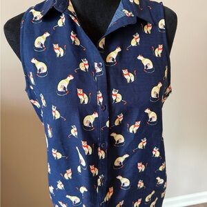 Cherry Whimsical Navy & Red Cat Print Sleeveless Button Blouse Medium